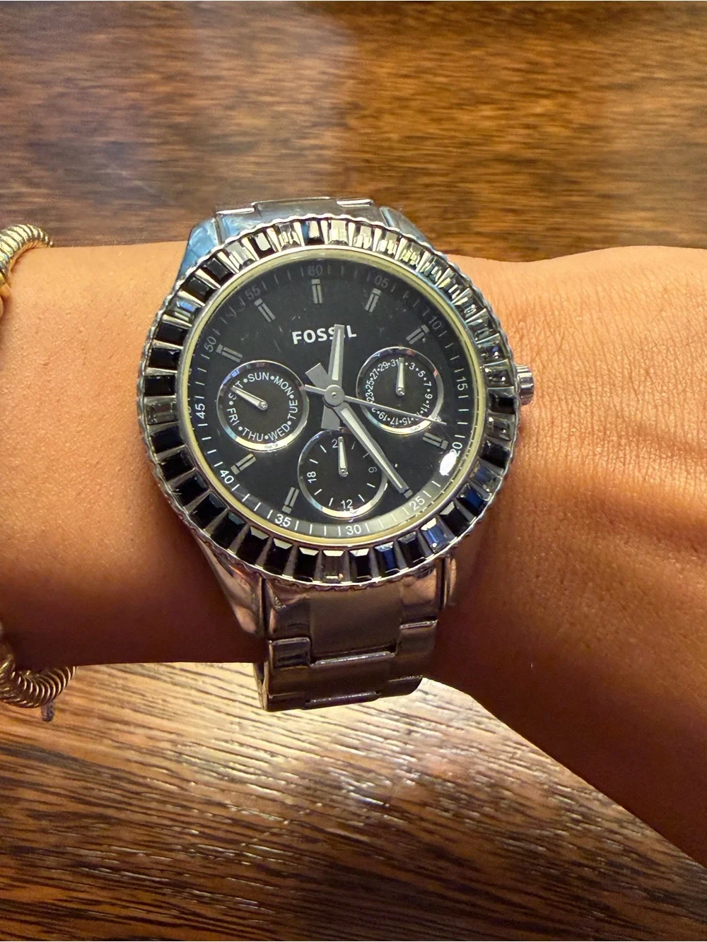 Fossil Silver Watch with Black Dial and Chronograph Subdials